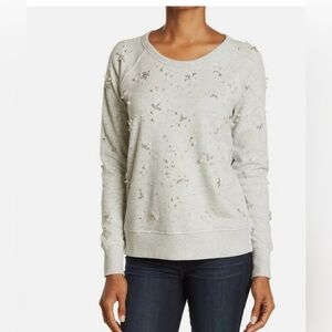 Incashmere embellished distressed beads rhinestone sweatshirt gray L